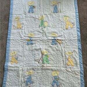 Children's Patchwork Quilt with Pastel Farm Boy Appliqué - White & Blue